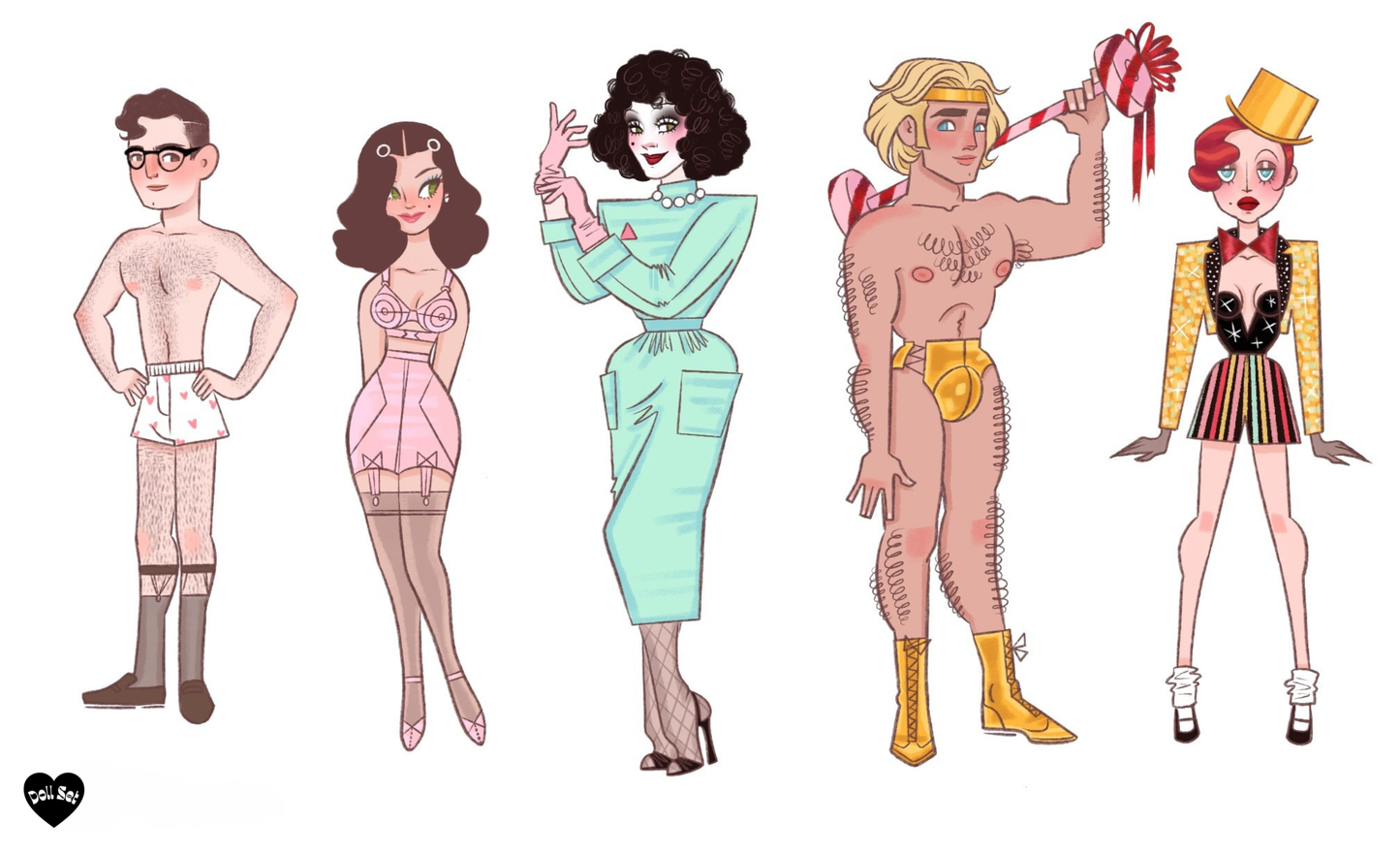 Five Rocky Horror characters in various poses and outfits on a white background